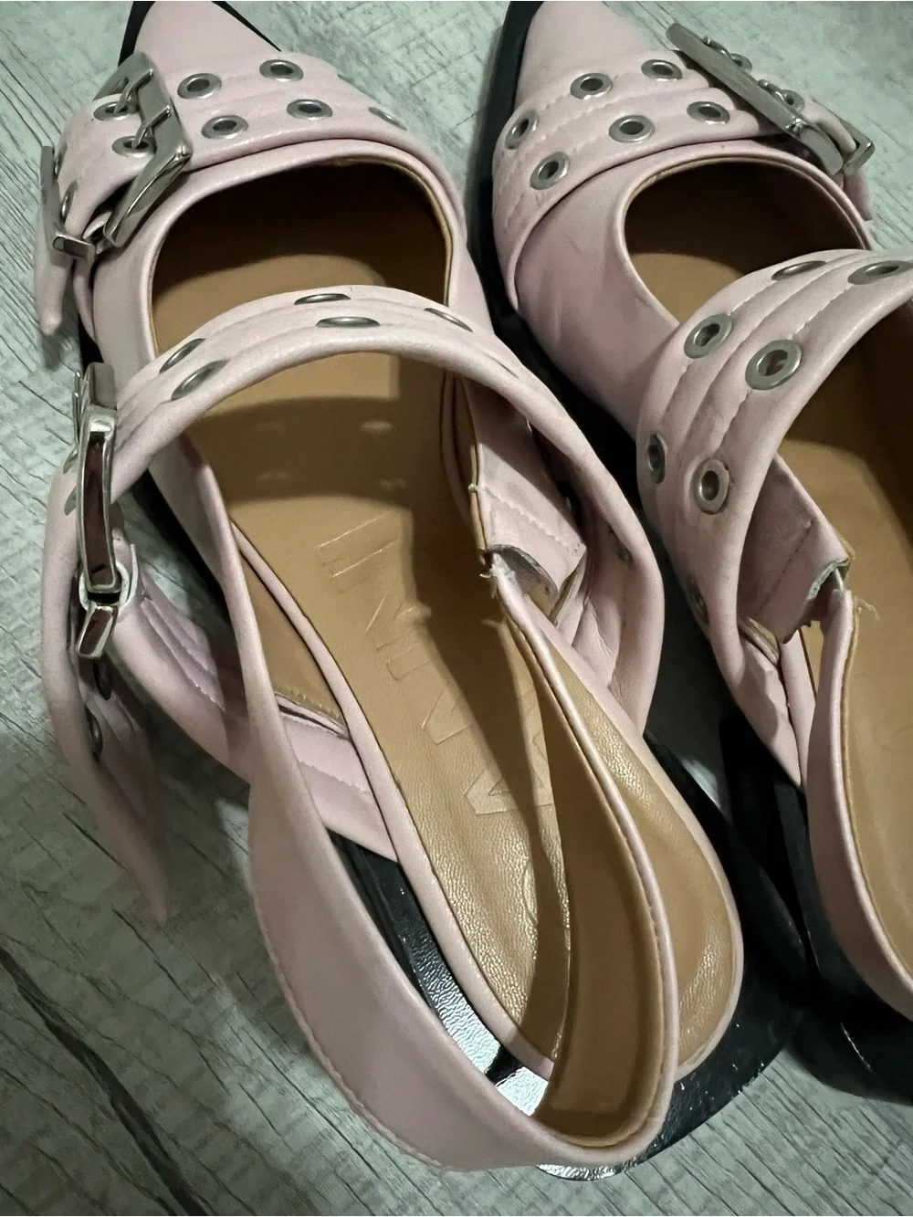 Ganni Pink Pointed Buckle Mary Jane Flats with Eyelet Details